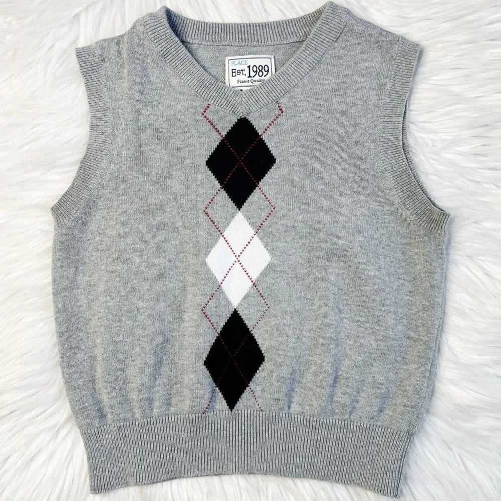 The Children's Place Argyle Sweater Vest Grey & Black Size XS